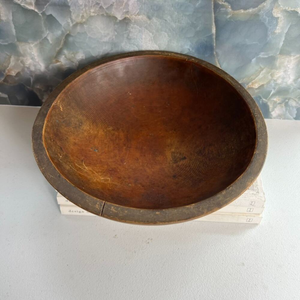 Antique Primitive Hand Turned Wood Dough Bowl 11" Rustic Brown Original Patina